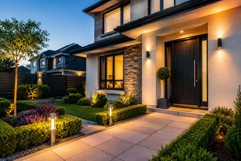 Modern house exterior with outdoor lighting, secure entrance, and landscaped front garden photographed at dusk