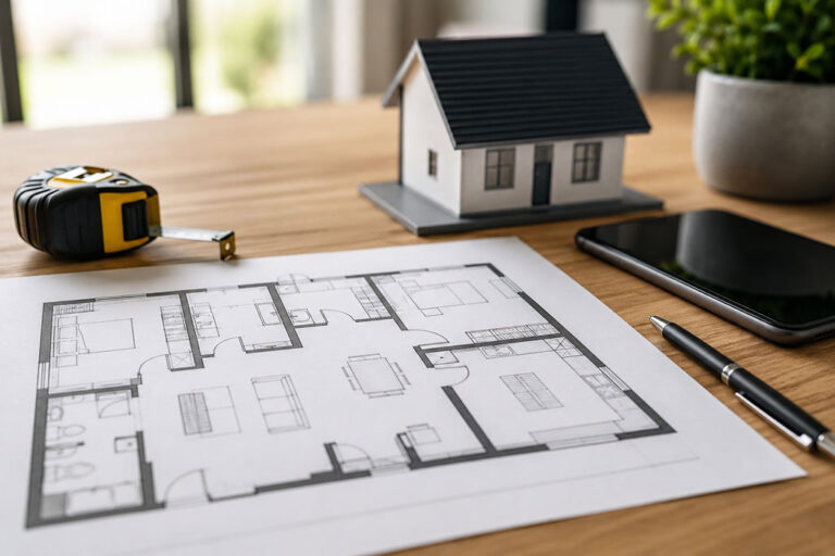 Printed residential floor plan on a desk with measuring tape, house model, and smartphone in a modern workspace