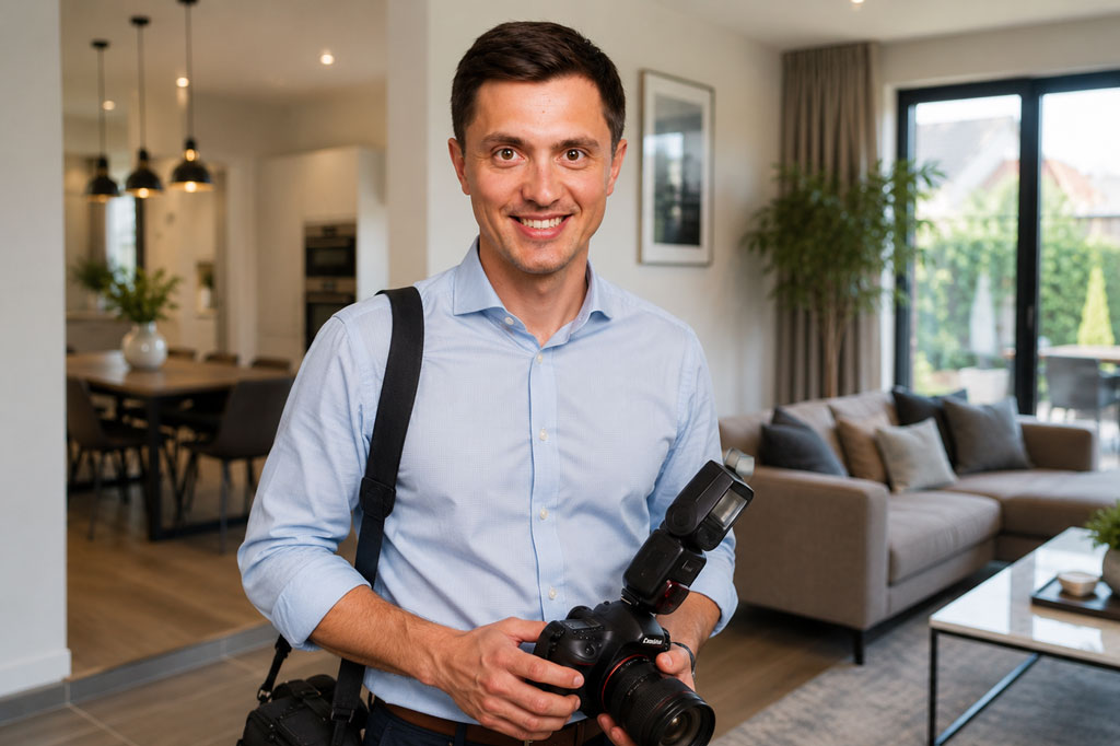Michal from We Shoot Property standing inside a modern home in Doncaster holding a professional camera during a property photography shoot.