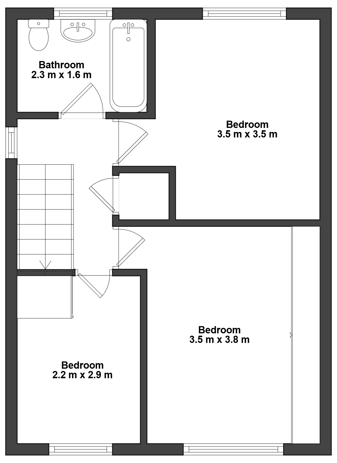 Professional black and white floor plan layout for a modern residential property in Doncaster showing room dimensions and house layout.
