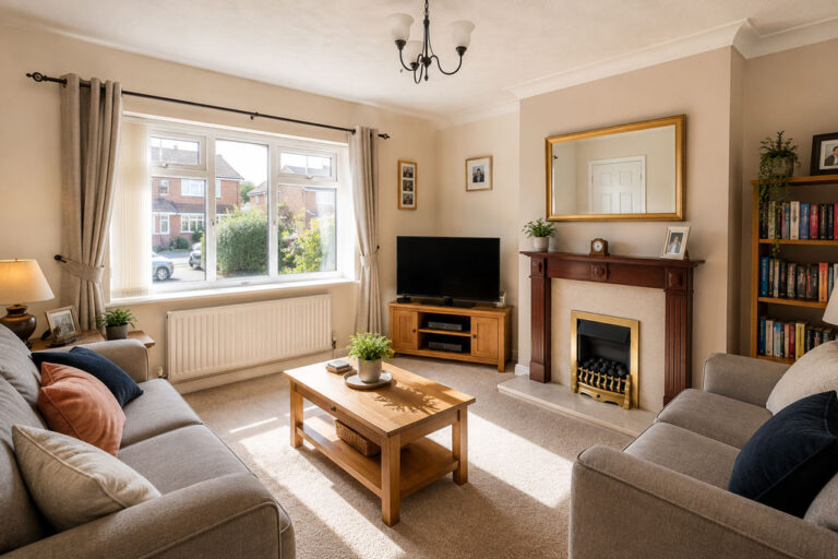 Bright and tidy typical UK living room interior prepared for a Rightmove property listing with neutral decor and natural daylight.