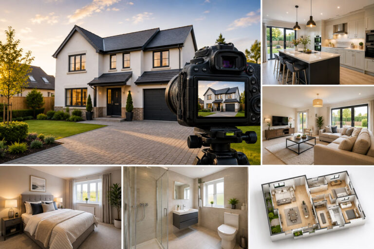 Professional property photographer capturing bright exterior photos of a modern family home for a real estate listing